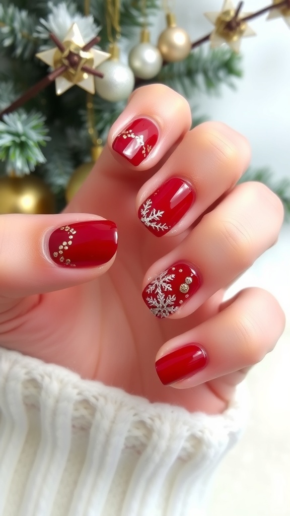 Elegant Christmas nail art with red and gold designs, featuring snowflakes and French tips.
